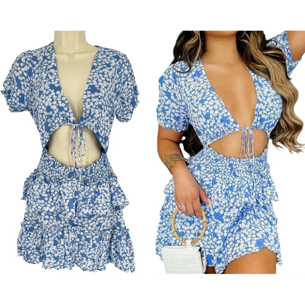 Mable Mini Dress Floral Blue White Smocked Waist Cut Out Tiered‎ Hem S/S Size S